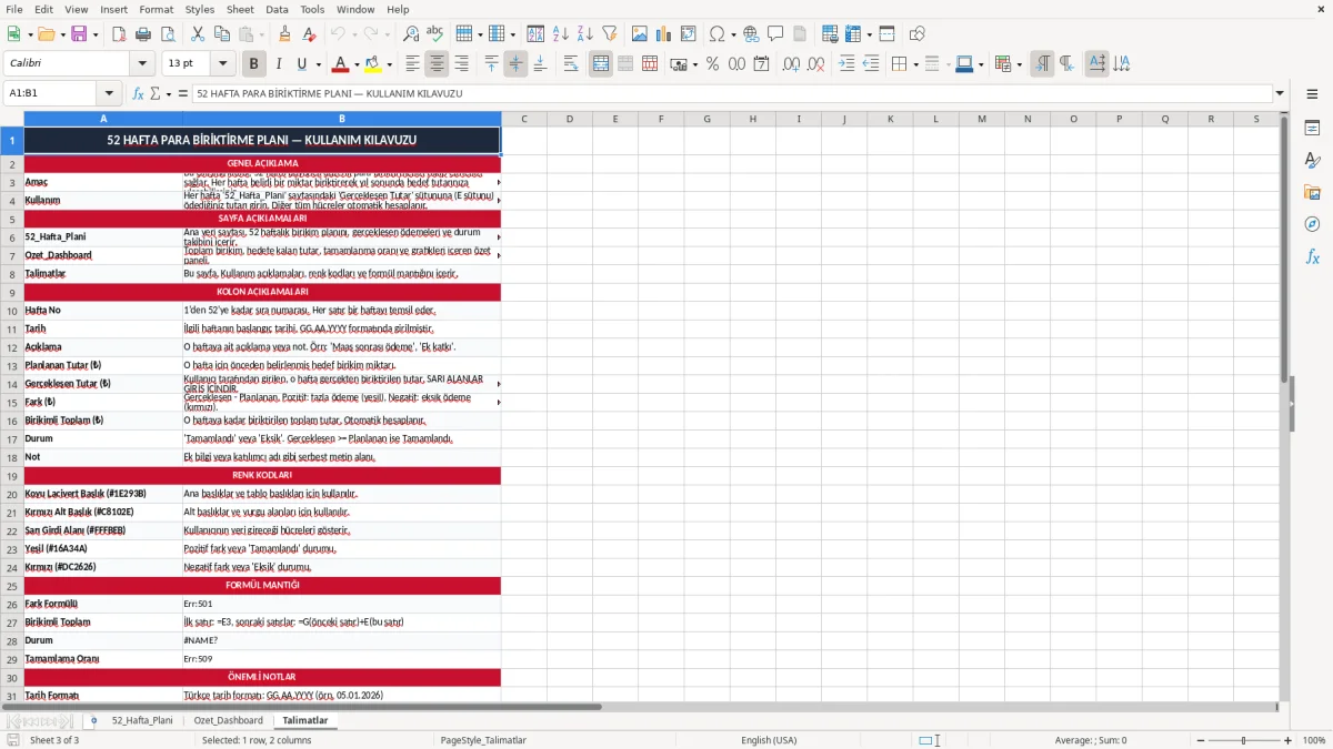 Ekran görüntüsü 3: Talimatlar sekmesi - Excel şablonu 52 hafta para biriktirme excel