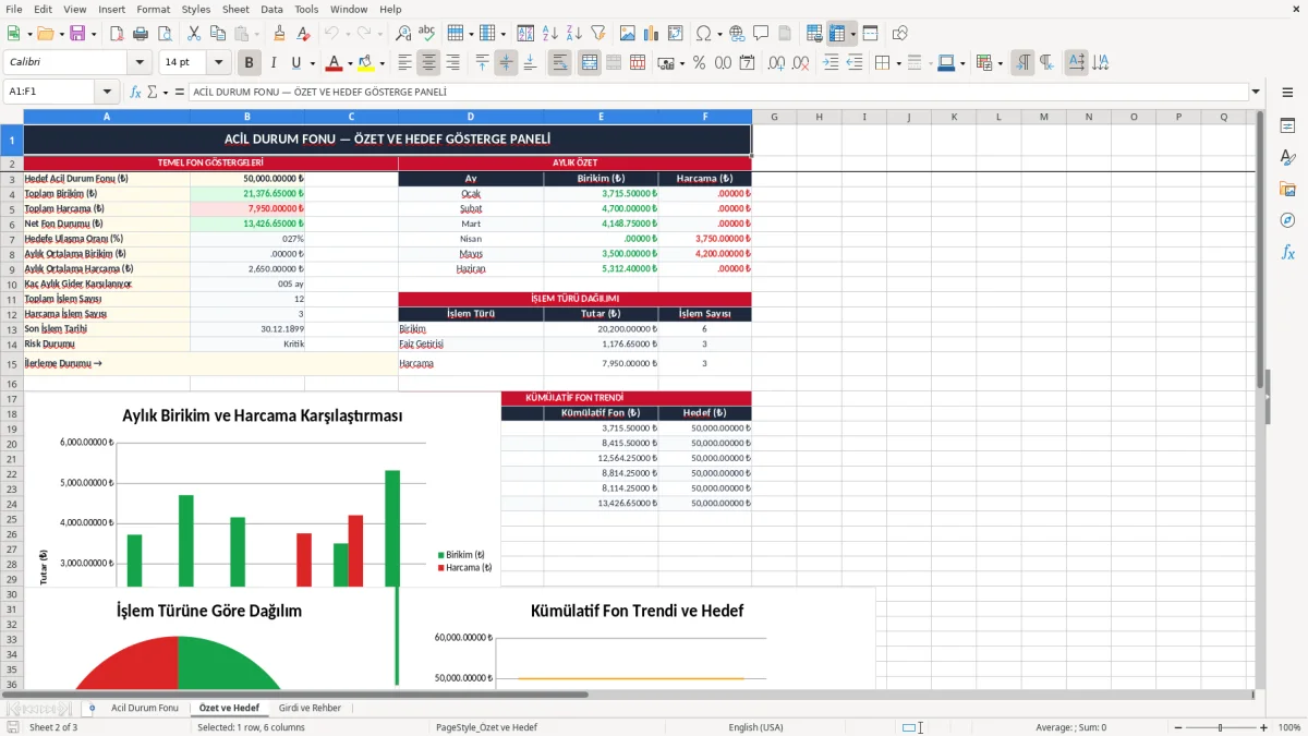Ekran görüntüsü 2: Özet ve Hedef sekmesi - Excel şablonu acil durum fonu takibi excel