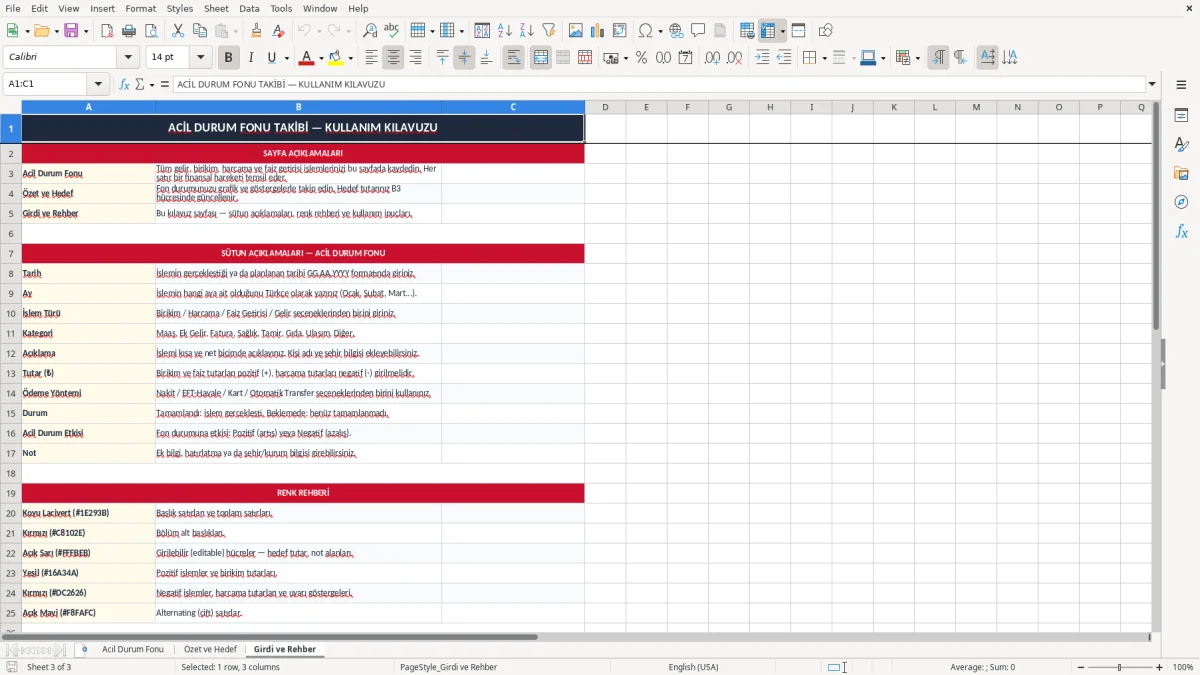 Ekran görüntüsü 3: Girdi ve Rehber sekmesi - Excel şablonu acil durum fonu takibi excel
