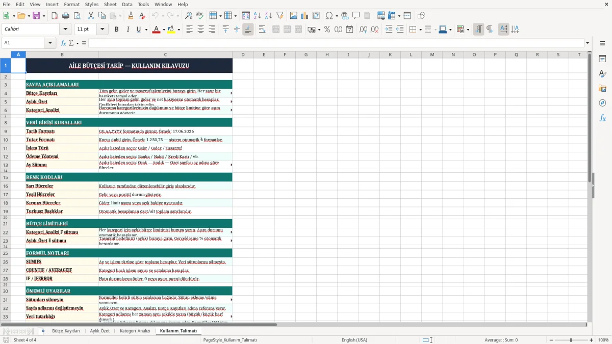 Ekran görüntüsü 4: Kullanım_Talimatı sekmesi - Excel şablonu aile butcesi takip excel