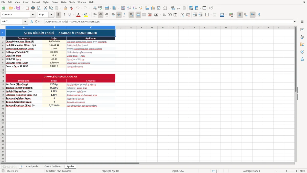 Ekran görüntüsü 3: Ayarlar sekmesi - Excel şablonu altin birikim takibi excel