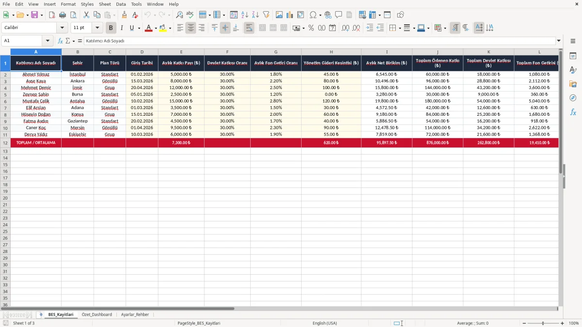 Ekran görüntüsü 1: BES_Kayitlari sekmesi - Excel şablonu bes getiri hesaplama excel
