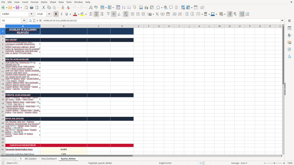 Ekran görüntüsü 3: Ayarlar_Rehber sekmesi - Excel şablonu bes getiri hesaplama excel