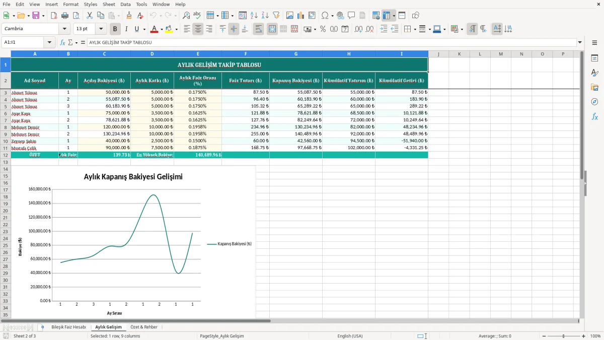 Ekran görüntüsü 2: Aylık Gelişim sekmesi - Excel şablonu bilesik faiz hesaplama excel