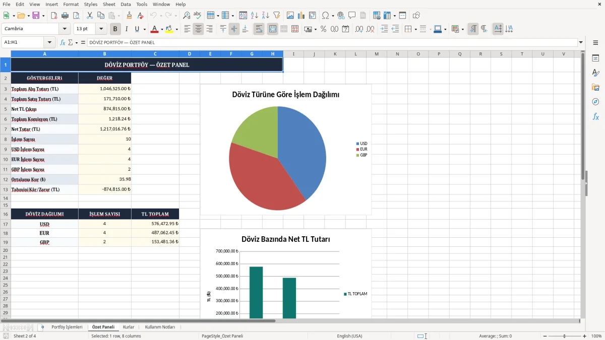 Ekran görüntüsü 2: Özet Paneli sekmesi - Excel şablonu doviz portfoy takibi excel