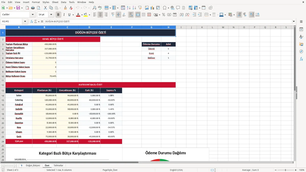 Ekran görüntüsü 2: Özet sekmesi - Excel şablonu dugun butcesi excel