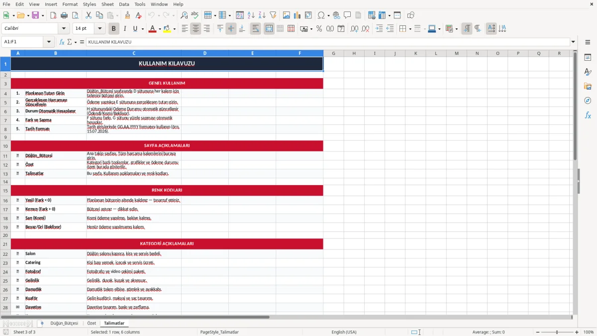 Ekran görüntüsü 3: Talimatlar sekmesi - Excel şablonu dugun butcesi excel