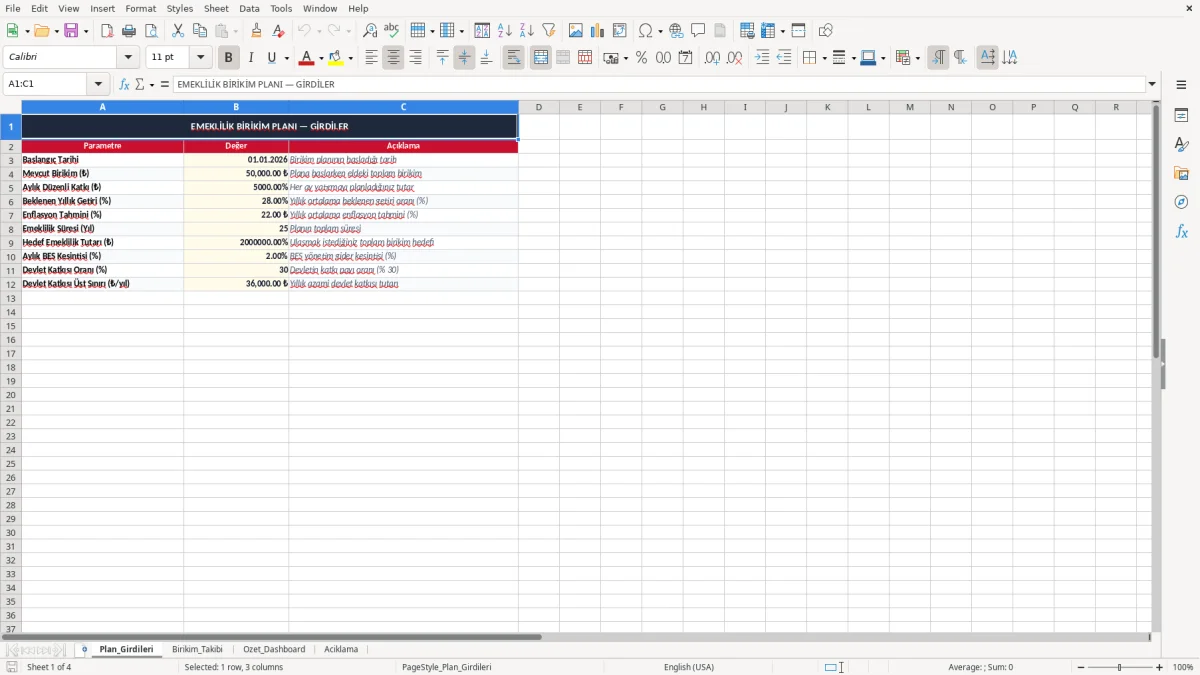 Ekran görüntüsü 1: Plan_Girdileri sekmesi - Excel şablonu emeklilik birikim plani excel