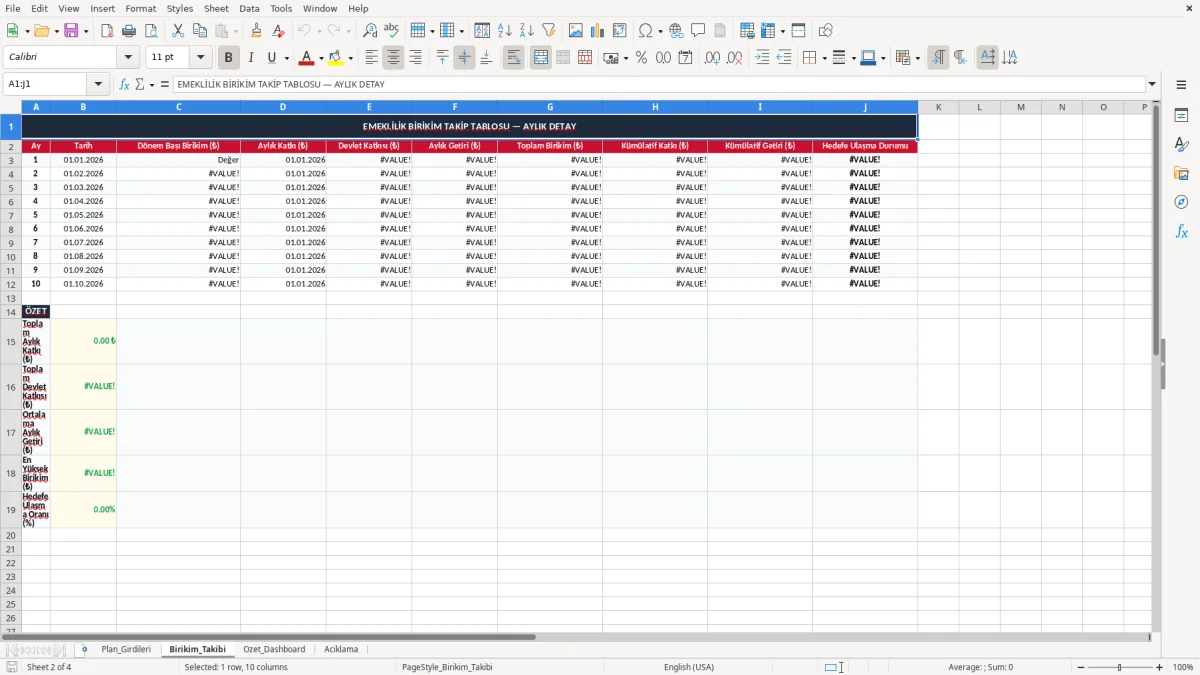 Ekran görüntüsü 2: Birikim_Takibi sekmesi - Excel şablonu emeklilik birikim plani excel