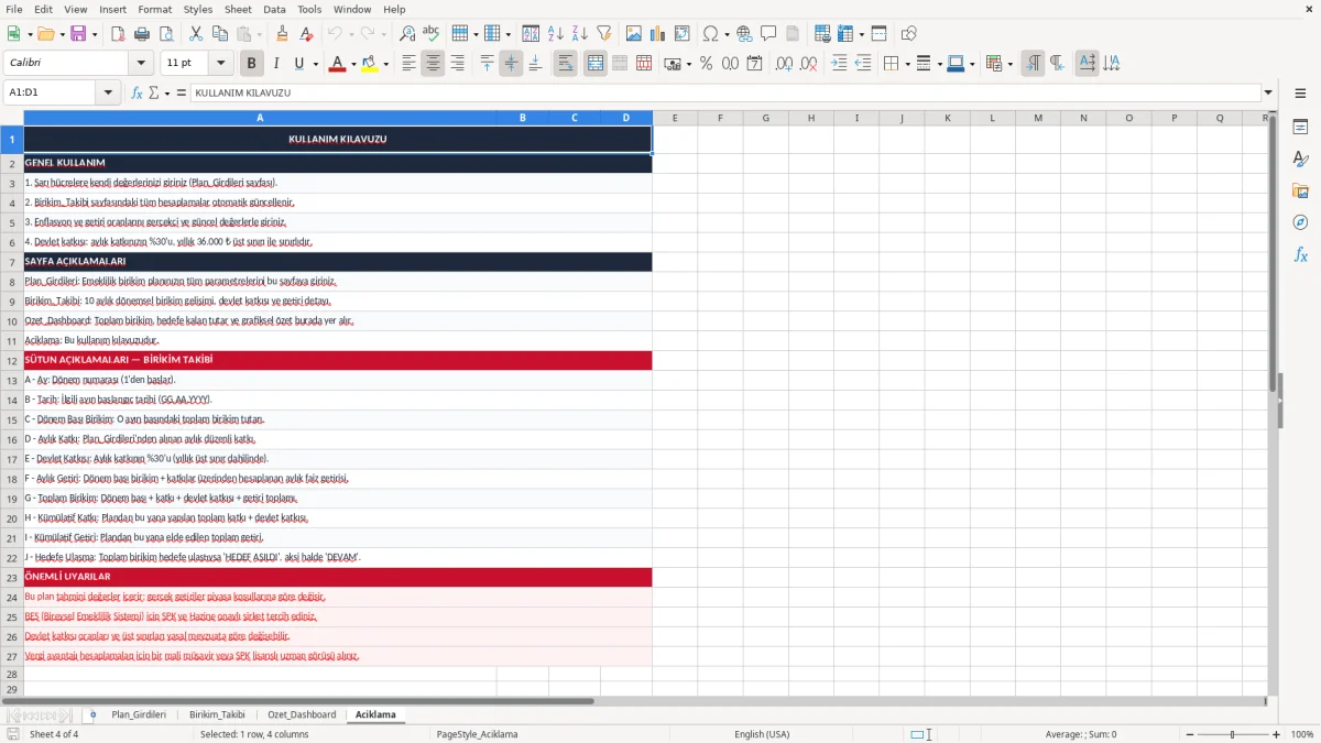 Ekran görüntüsü 4: Aciklama sekmesi - Excel şablonu emeklilik birikim plani excel