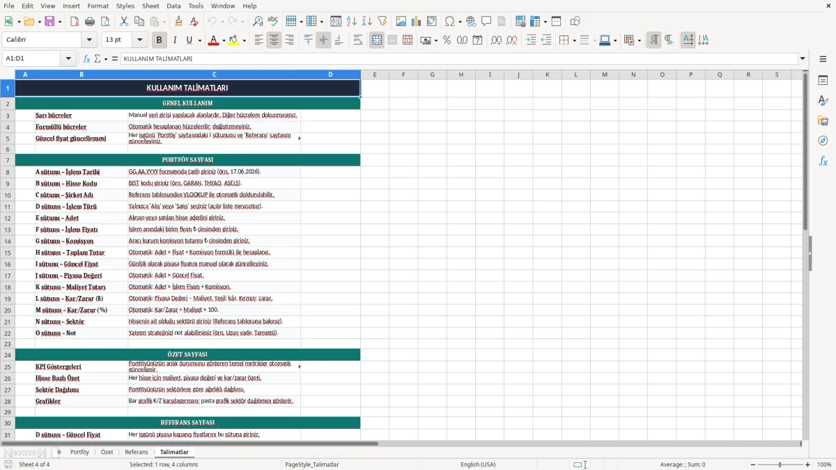 Ekran görüntüsü 4: Talimatlar sekmesi - Excel şablonu hisse senedi portfoy takibi excel