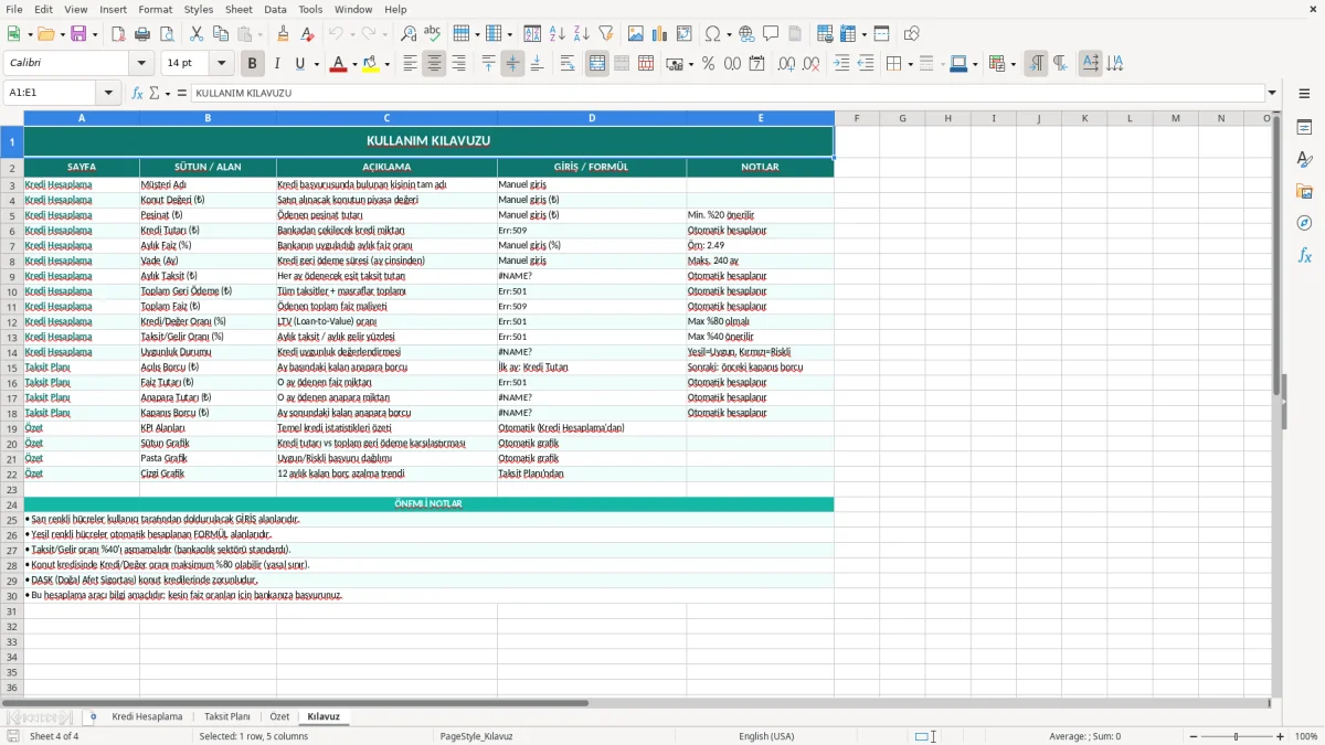 Ekran görüntüsü 4: Kılavuz sekmesi - Excel şablonu konut kredisi hesaplama excel