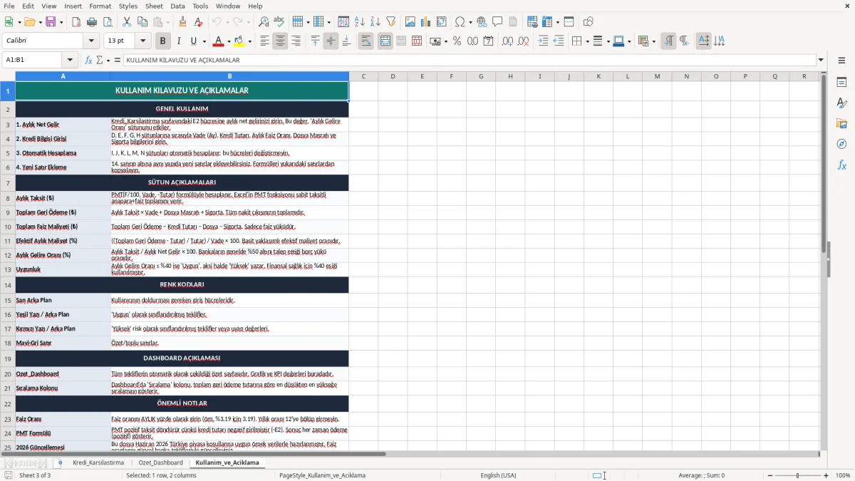 Ekran görüntüsü 3: Kullanim_ve_Aciklama sekmesi - Excel şablonu kredi karsilastirma tablosu excel