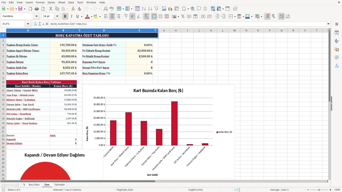 Ekran görüntüsü 2: Özet sekmesi - Excel şablonu kredi karti borc kapatma plani excel