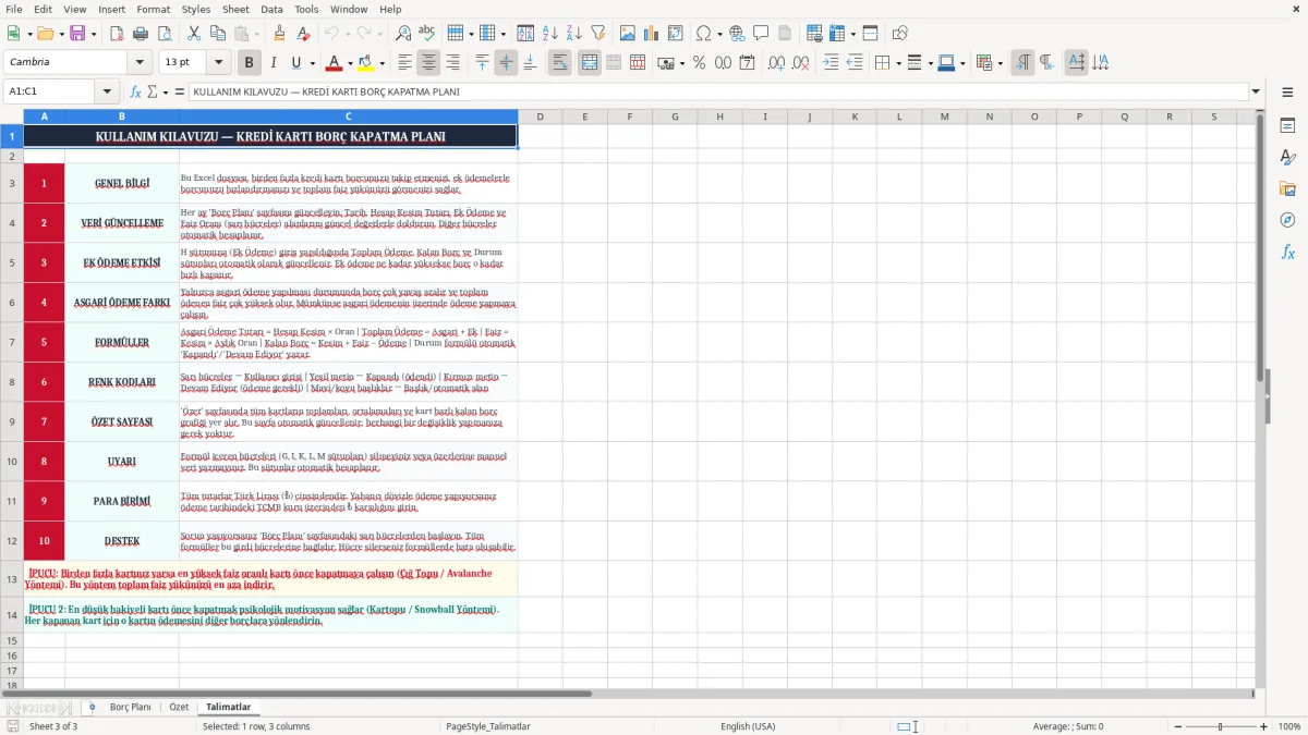 Ekran görüntüsü 3: Talimatlar sekmesi - Excel şablonu kredi karti borc kapatma plani excel