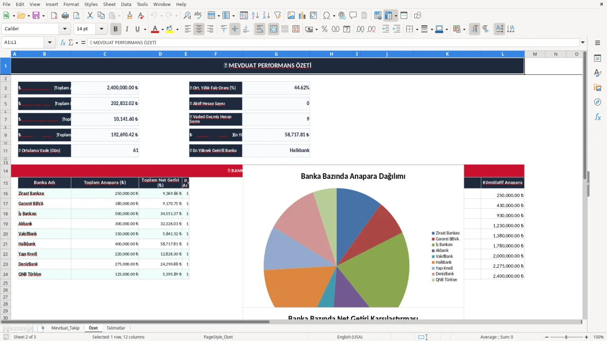 Ekran görüntüsü 2: Özet sekmesi - Excel şablonu mevduat faizi hesaplama excel