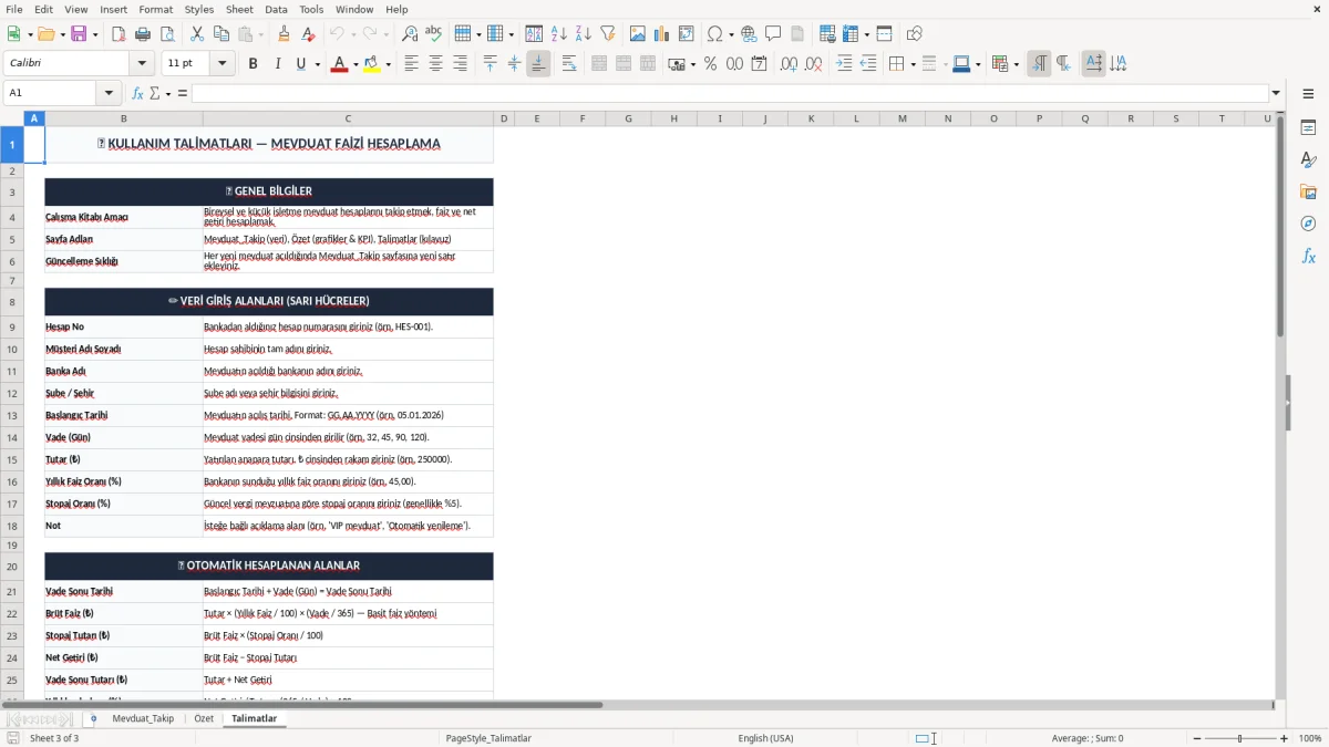 Ekran görüntüsü 3: Talimatlar sekmesi - Excel şablonu mevduat faizi hesaplama excel