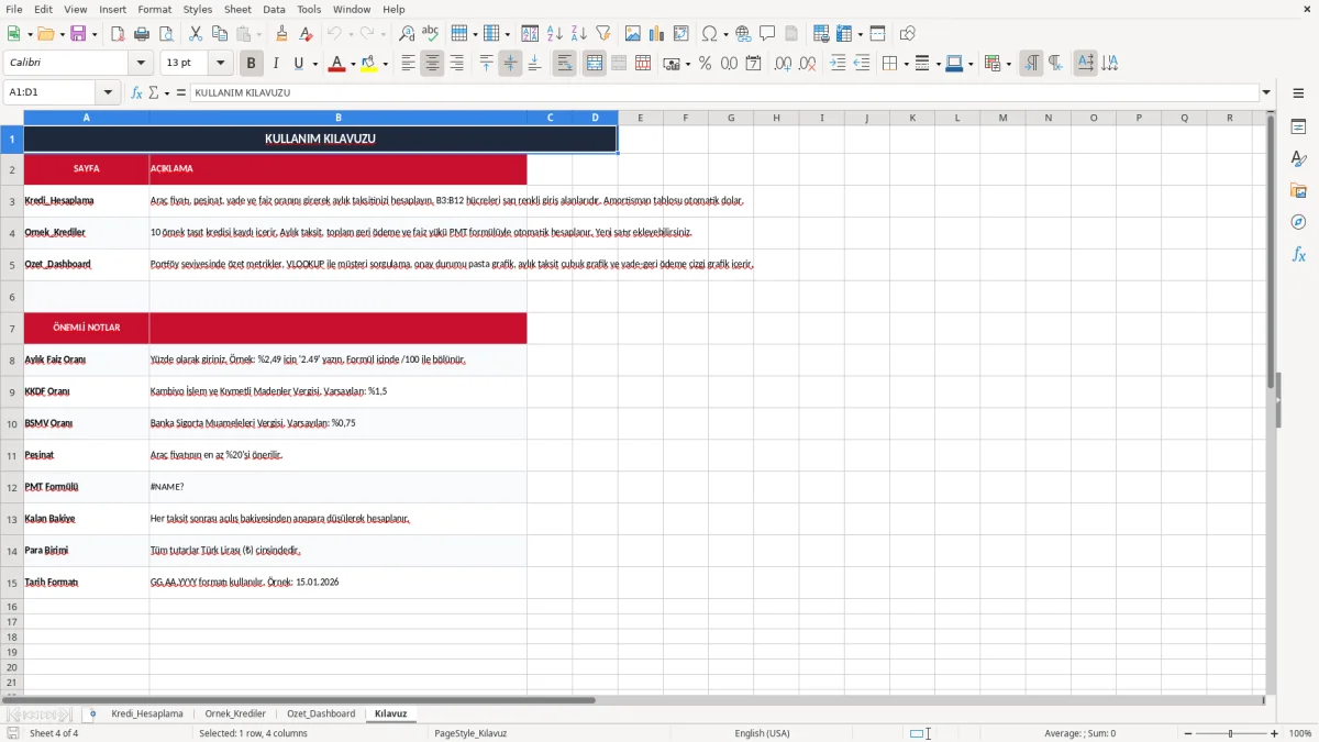 Ekran görüntüsü 4: Kılavuz sekmesi - Excel şablonu tasit kredisi taksit hesaplama excel