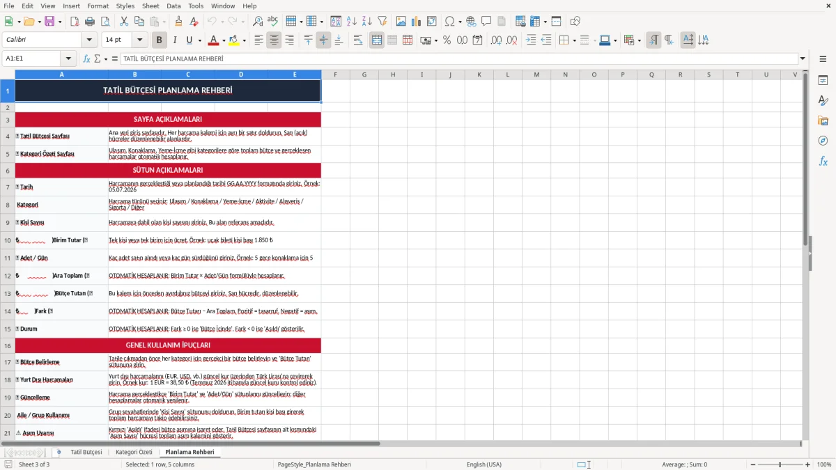 Ekran görüntüsü 3: Planlama Rehberi sekmesi - Excel şablonu tatil butcesi planlama excel