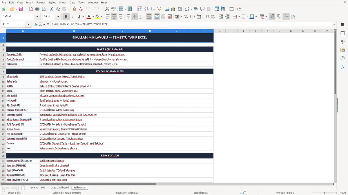 Ekran görüntüsü 3: Talimatlar sekmesi - Excel şablonu temettu takip excel