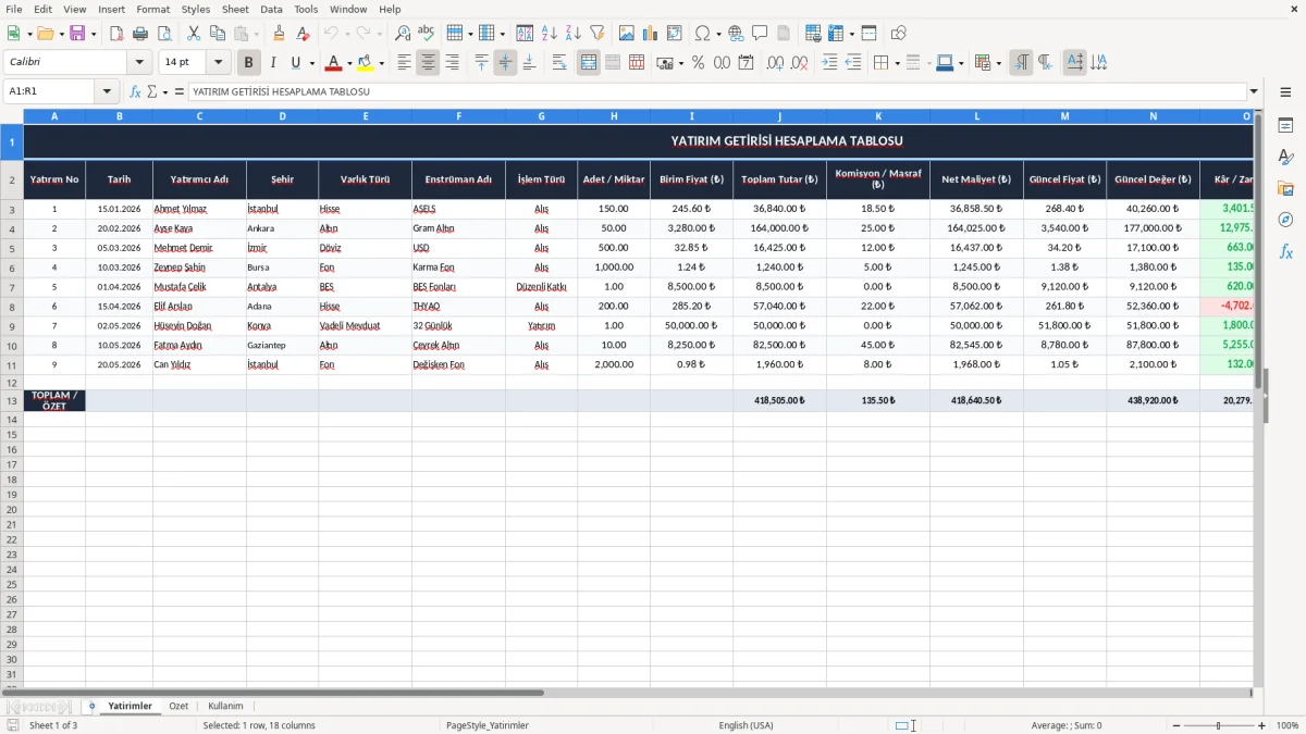 Ekran görüntüsü 1: Yatirimler sekmesi - Excel şablonu yatirim getirisi hesaplama excel