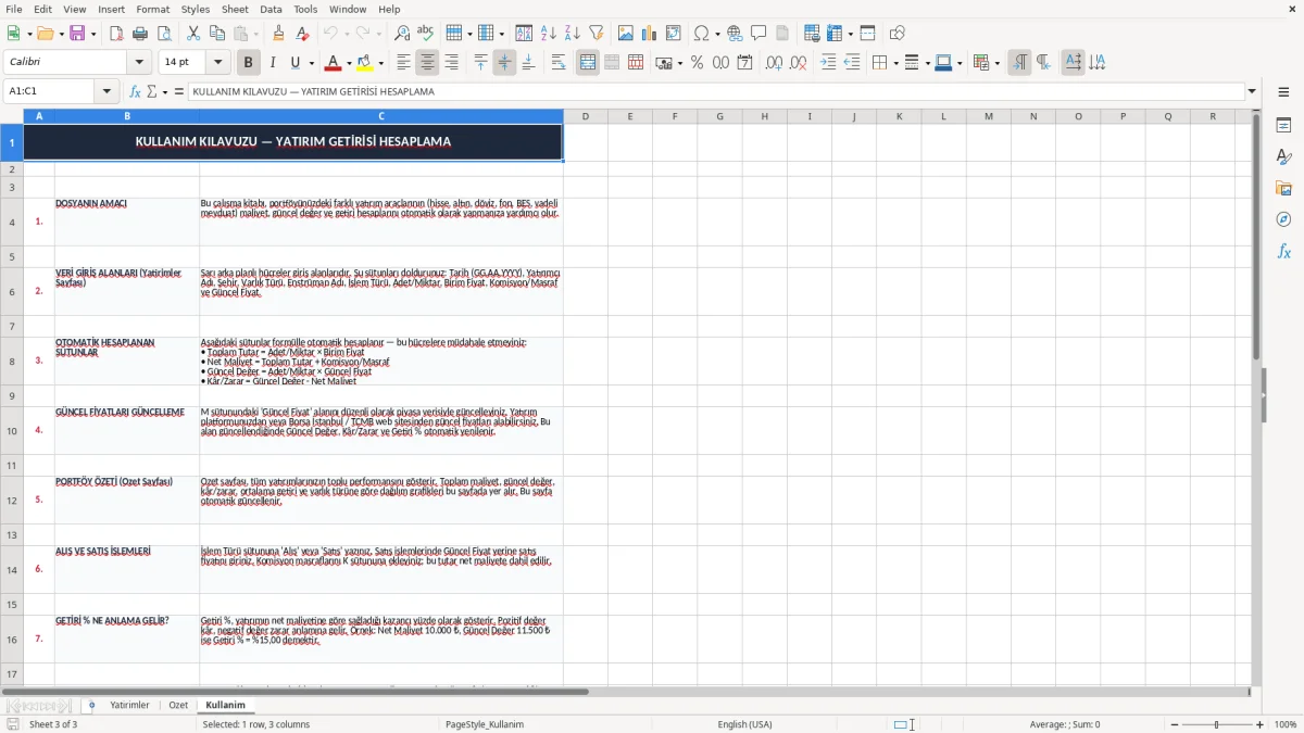 Ekran görüntüsü 3: Kullanim sekmesi - Excel şablonu yatirim getirisi hesaplama excel