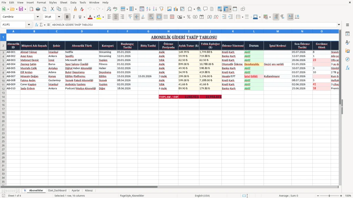 Ekran görüntüsü 1: Abonelikler sekmesi - Excel şablonu abonelik gideri takibi excel
