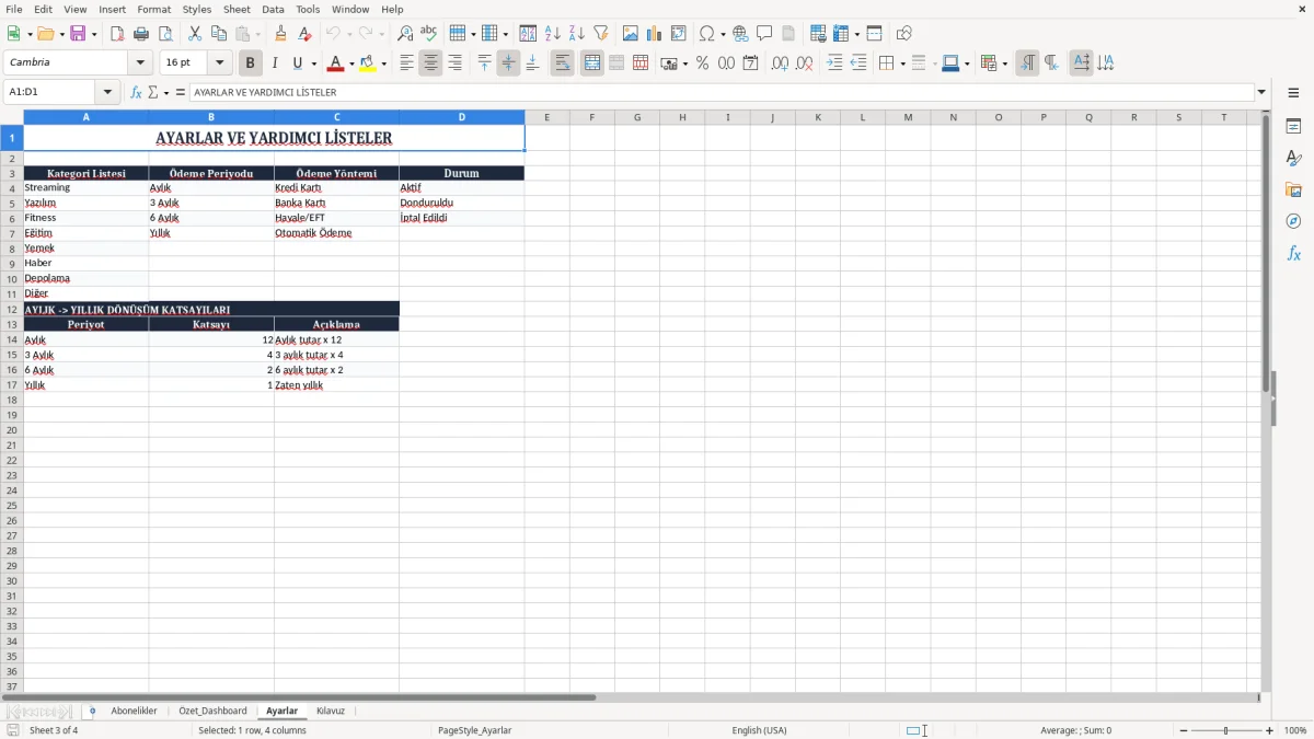 Ekran görüntüsü 3: Ayarlar sekmesi - Excel şablonu abonelik gideri takibi excel
