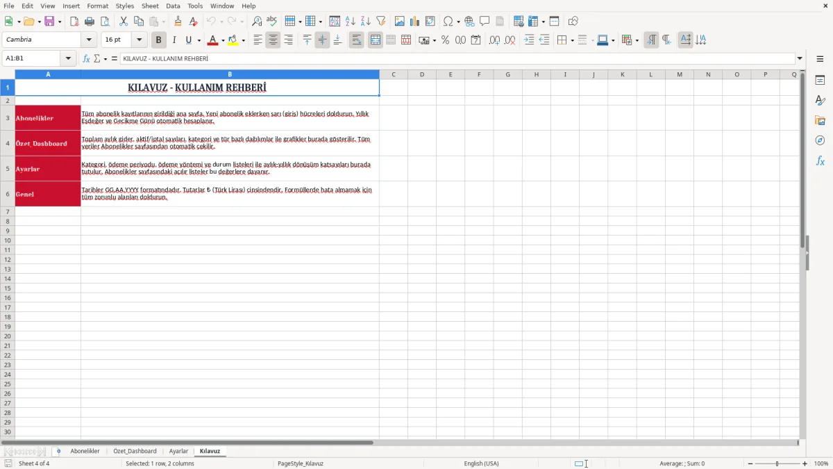 Ekran görüntüsü 4: Kılavuz sekmesi - Excel şablonu abonelik gideri takibi excel