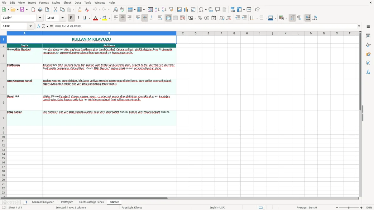 Ekran görüntüsü 4: Kilavuz sekmesi - Excel şablonu altin gram fiyat takip excel