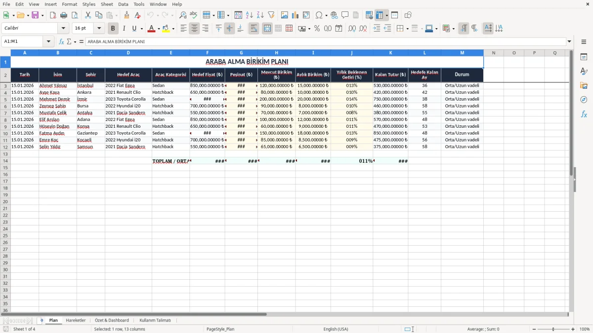 Ekran görüntüsü 1: Plan sekmesi - Excel şablonu araba alma birikim plani excel