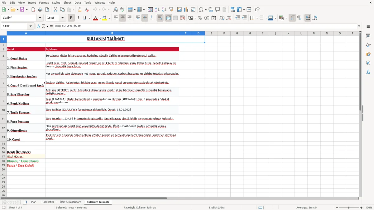 Ekran görüntüsü 4: Kullanım Talimatı sekmesi - Excel şablonu araba alma birikim plani excel