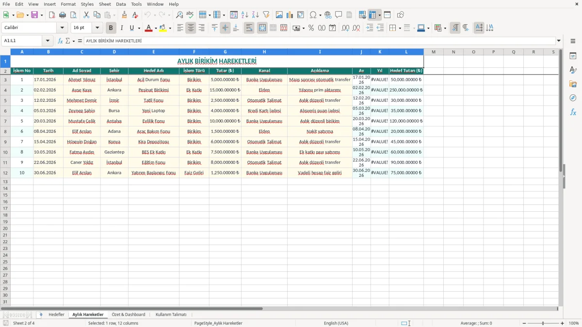 Ekran görüntüsü 2: Aylık Hareketler sekmesi - Excel şablonu birikim hedefi takibi excel