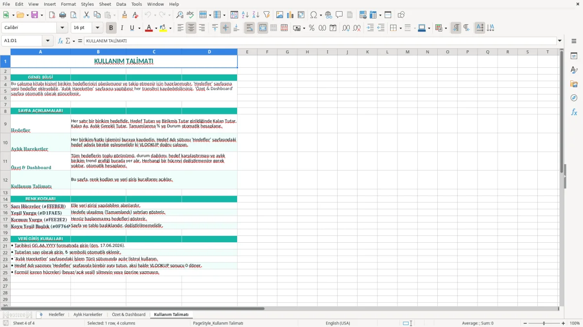 Ekran görüntüsü 4: Kullanım Talimatı sekmesi - Excel şablonu birikim hedefi takibi excel