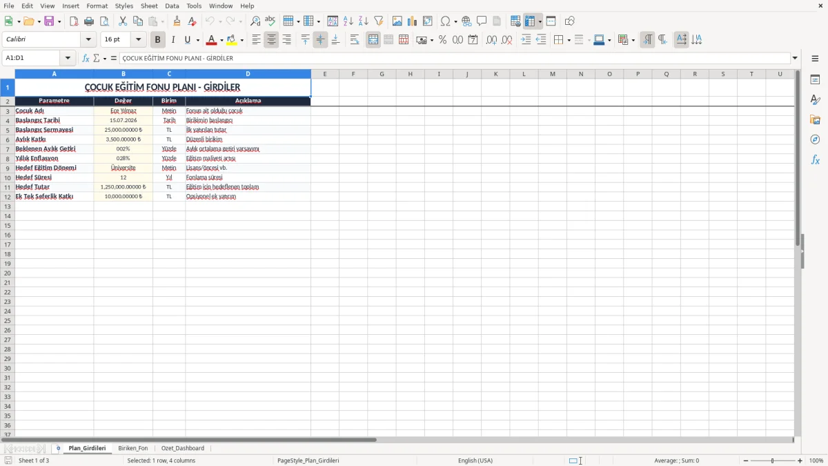 Ekran görüntüsü 1: Plan_Girdileri sekmesi - Excel şablonu cocuk egitim fonu plani excel