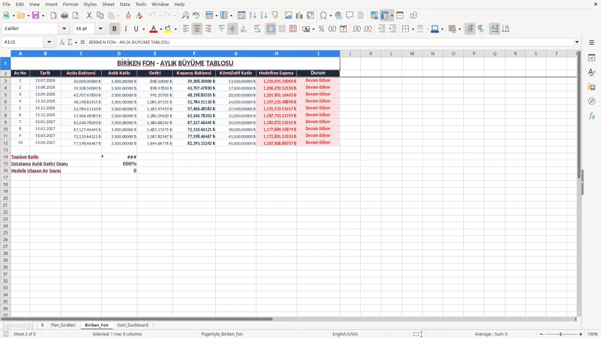 Ekran görüntüsü 2: Biriken_Fon sekmesi - Excel şablonu cocuk egitim fonu plani excel