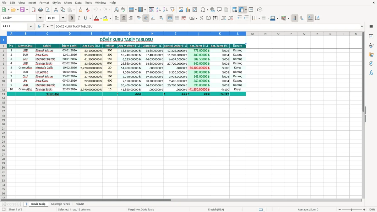 Ekran görüntüsü 1: Döviz Takip sekmesi - Excel şablonu doviz kuru takip excel