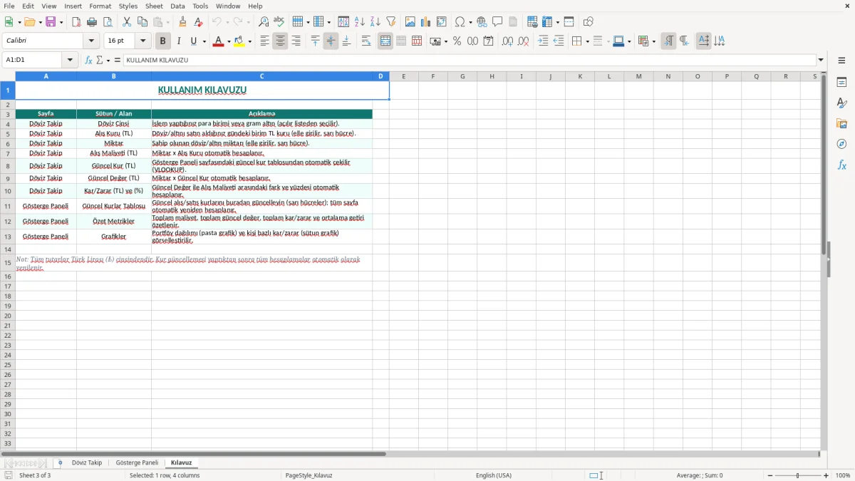 Ekran görüntüsü 3: Kılavuz sekmesi - Excel şablonu doviz kuru takip excel