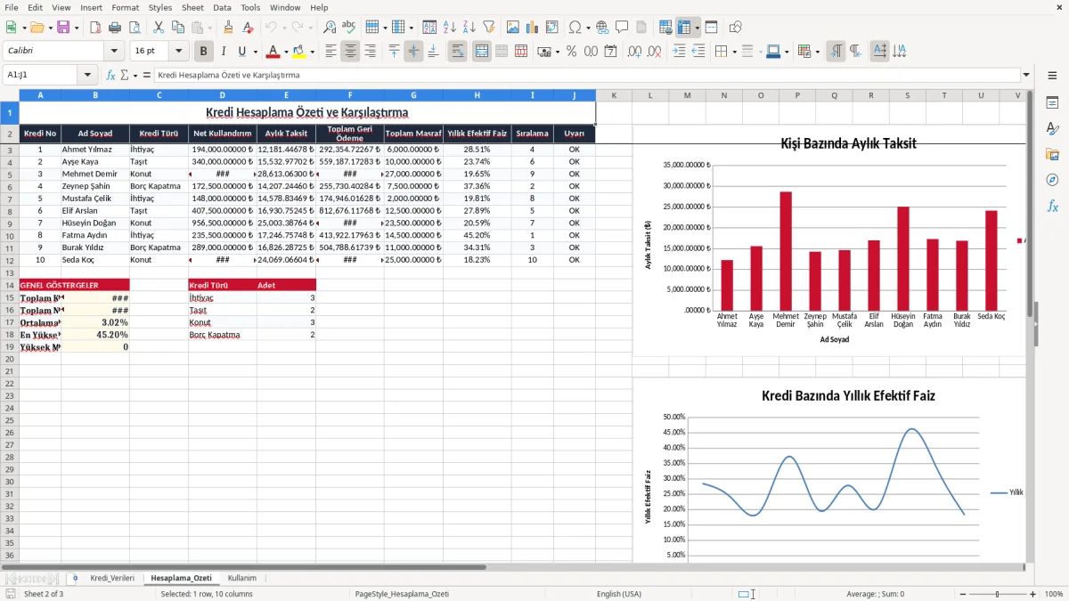 Ekran görüntüsü 2: Hesaplama_Ozeti sekmesi - Excel şablonu efektif faiz hesaplama excel