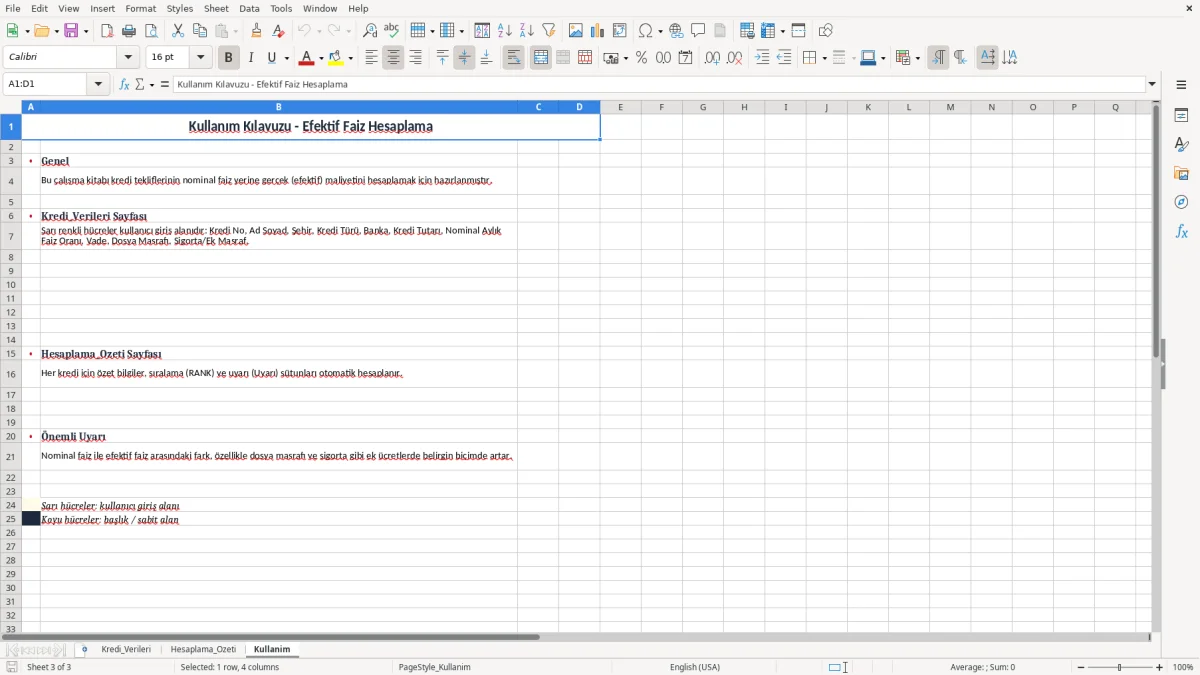 Ekran görüntüsü 3: Kullanim sekmesi - Excel şablonu efektif faiz hesaplama excel
