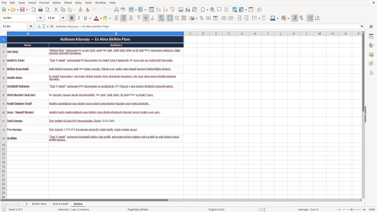 Ekran görüntüsü 3: Rehber sekmesi - Excel şablonu ev alma birikim plani excel