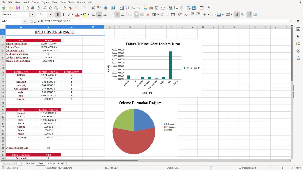 Ekran görüntüsü 2: Özet sekmesi - Excel şablonu fatura odeme takvimi excel