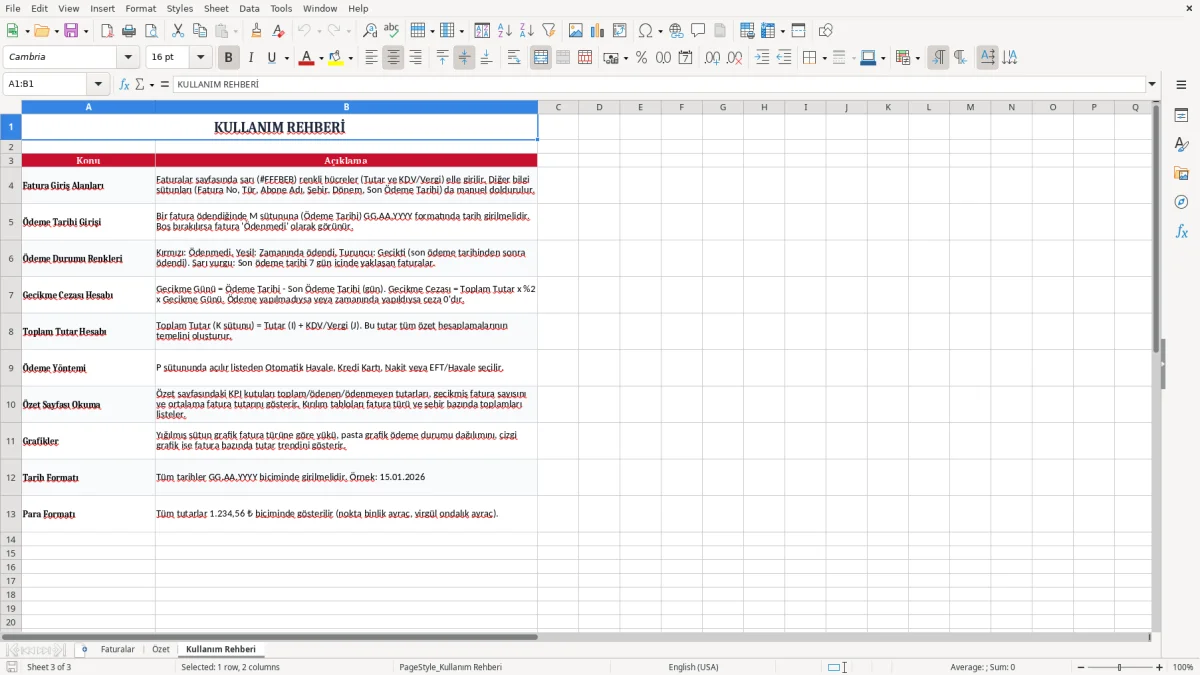 Ekran görüntüsü 3: Kullanım Rehberi sekmesi - Excel şablonu fatura odeme takvimi excel