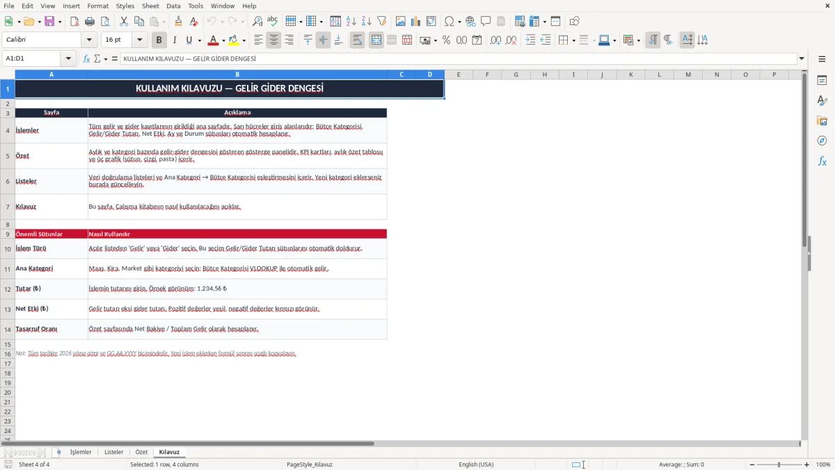 Ekran görüntüsü 4: Kılavuz sekmesi - Excel şablonu gelir gider dengesi excel