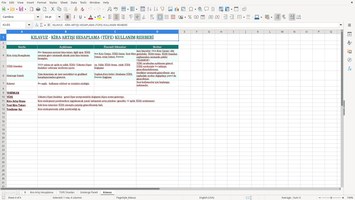 Ekran görüntüsü 4: Kılavuz sekmesi - Excel şablonu kira artisi hesaplama tufe excel