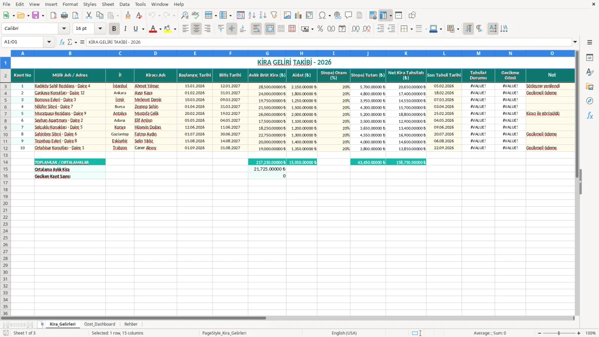 Ekran görüntüsü 1: Kira_Gelirleri sekmesi - Excel şablonu kira geliri takibi excel