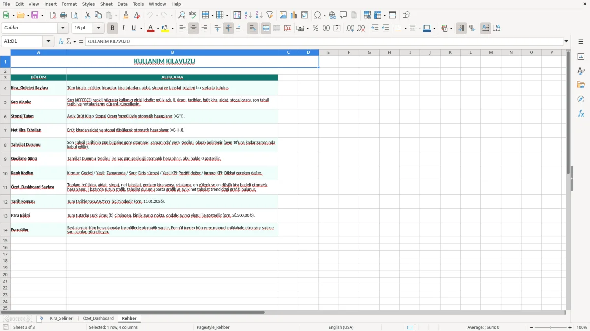 Ekran görüntüsü 3: Rehber sekmesi - Excel şablonu kira geliri takibi excel