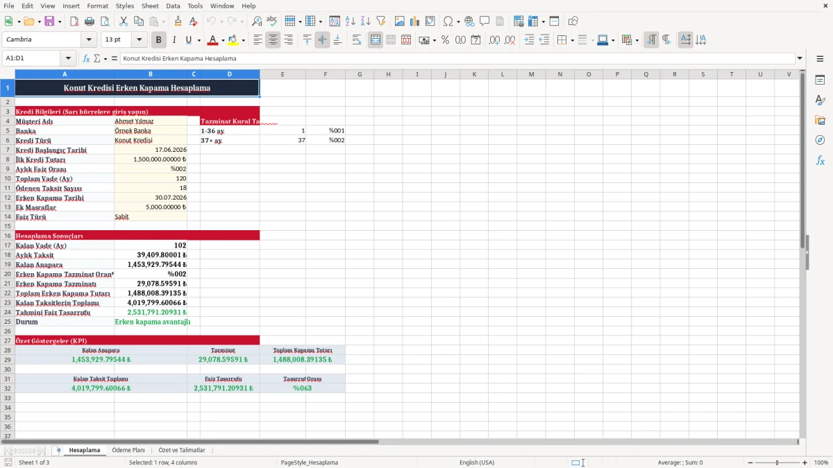 Ekran görüntüsü 1: Hesaplama sekmesi - Excel şablonu konut kredisi erken kapama hesaplama excel
