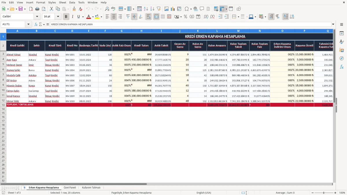 Ekran görüntüsü 1: Erken Kapama Hesaplama sekmesi - Excel şablonu kredi erken kapama hesaplama excel