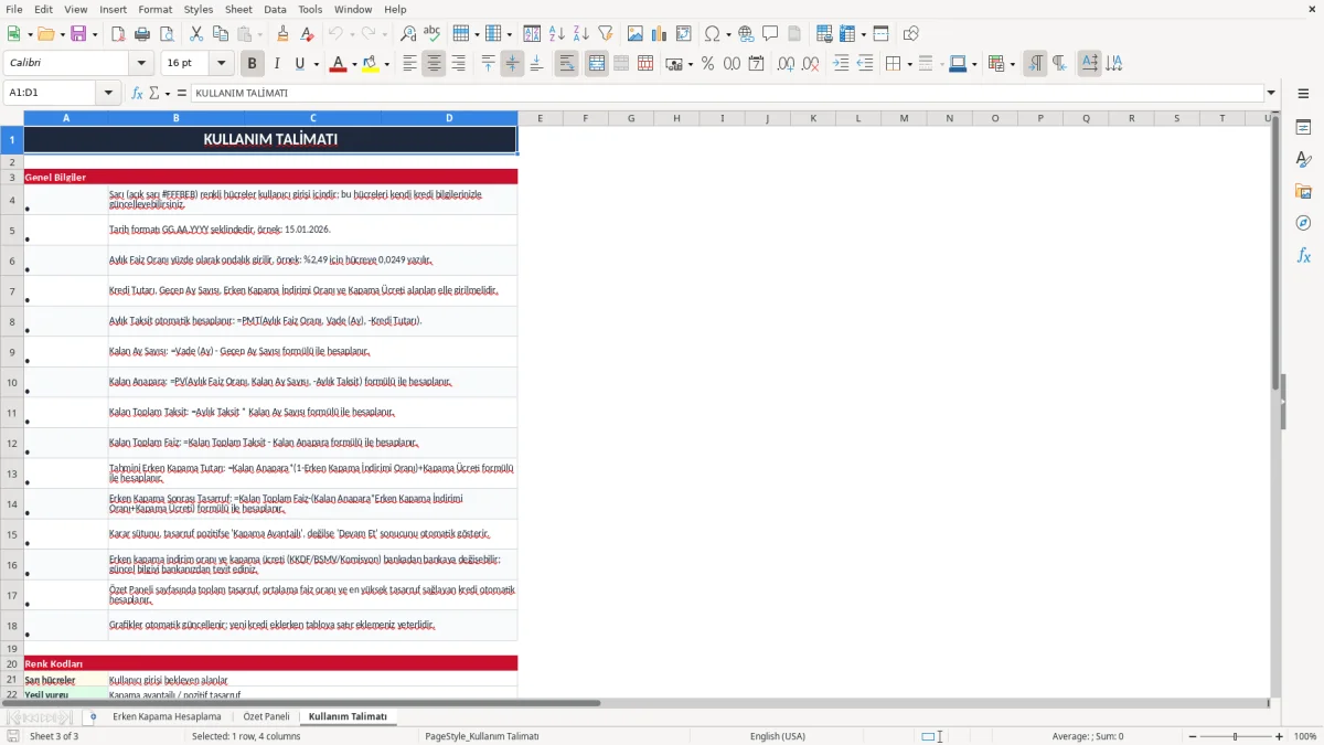 Ekran görüntüsü 3: Kullanım Talimatı sekmesi - Excel şablonu kredi erken kapama hesaplama excel
